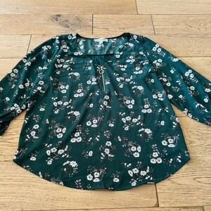 Tempted Hearts‎ Forest Green Floral O-Ring Zip V-Neck Blouse 2X NEW (1135)